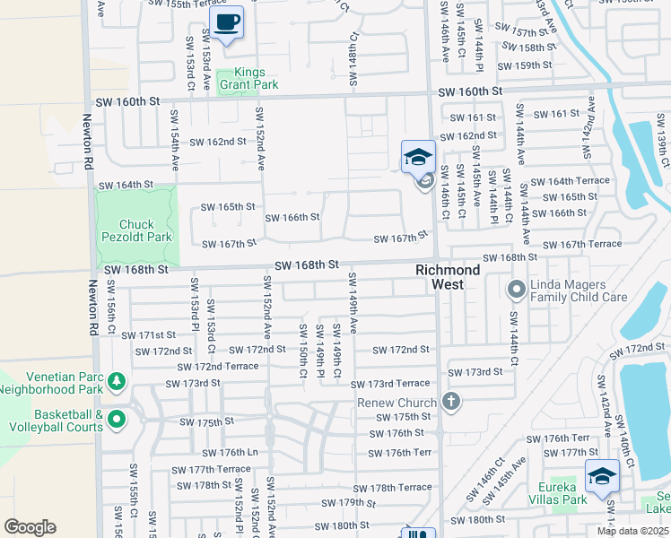 map of restaurants, bars, coffee shops, grocery stores, and more near 14920 Southwest 168th Street in Miami