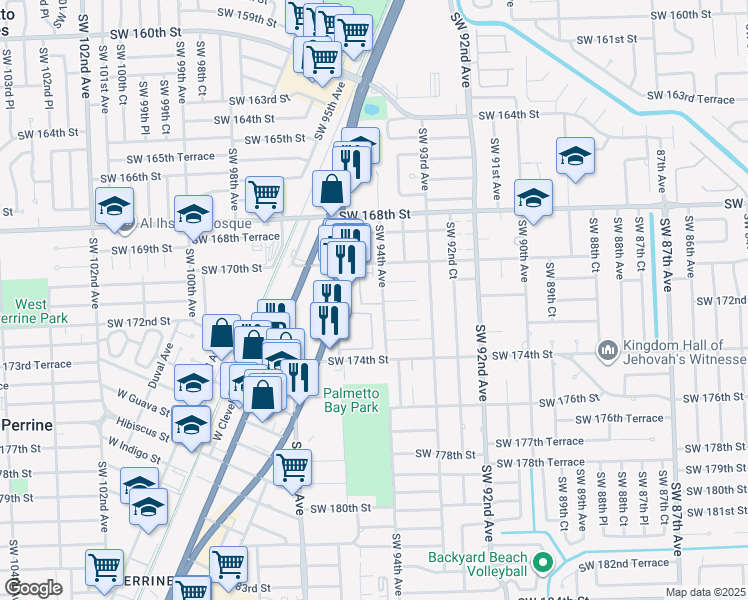 map of restaurants, bars, coffee shops, grocery stores, and more near 9365 Southwest 171st Terrace in Palmetto Bay