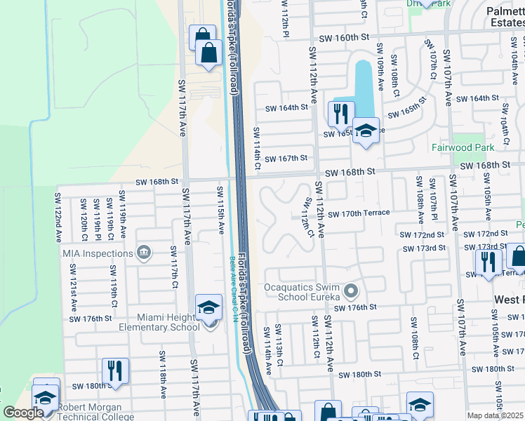 map of restaurants, bars, coffee shops, grocery stores, and more near 16964 Southwest 113th Court in Miami