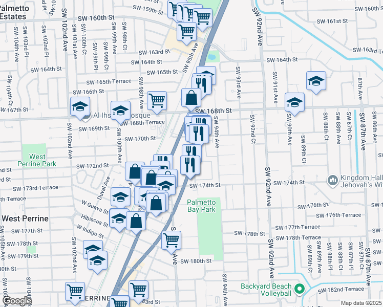 map of restaurants, bars, coffee shops, grocery stores, and more near 17143 South Dixie Highway in Palmetto Bay
