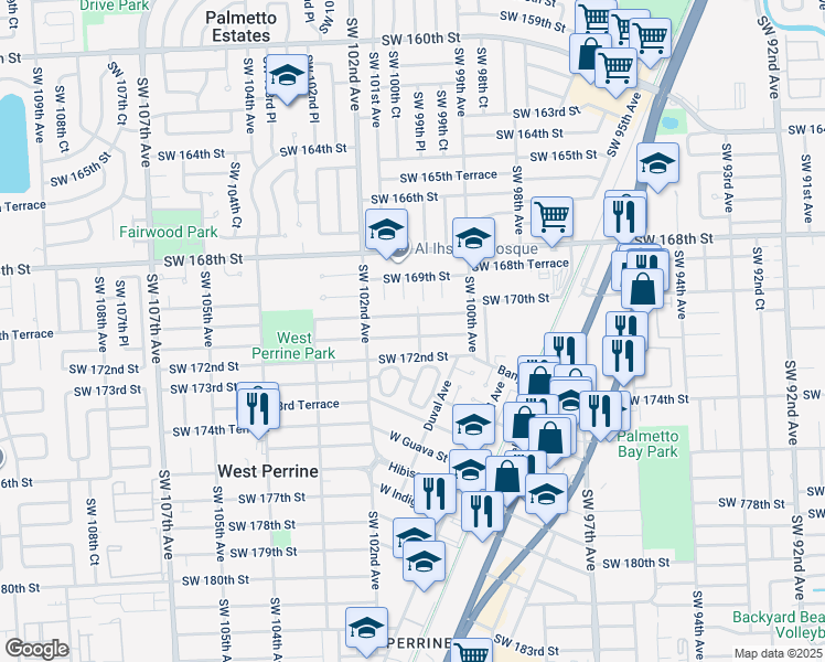map of restaurants, bars, coffee shops, grocery stores, and more near 10070 Southwest 170th Terrace in Miami