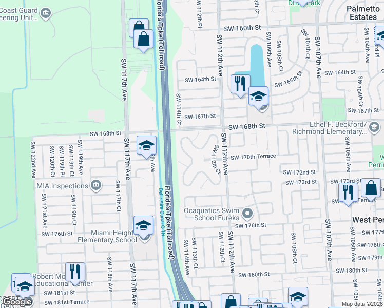 map of restaurants, bars, coffee shops, grocery stores, and more near 11320 Southwest 169th Street in Miami