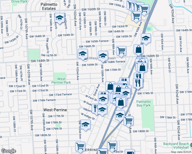 map of restaurants, bars, coffee shops, grocery stores, and more near 10015 Southwest 171st Street in Miami