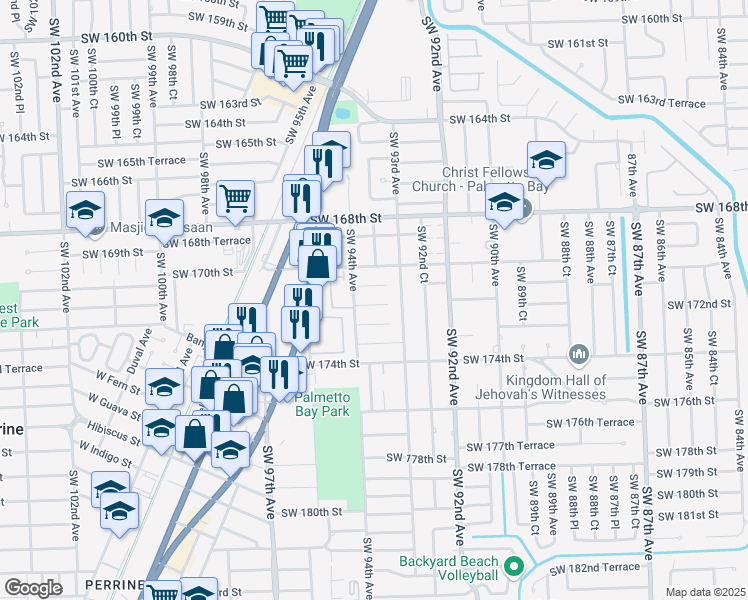 map of restaurants, bars, coffee shops, grocery stores, and more near 9345 Southwest 171st Terrace in Palmetto Bay