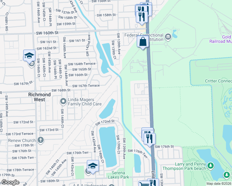 map of restaurants, bars, coffee shops, grocery stores, and more near 16890 Southwest 139th Place in Miami