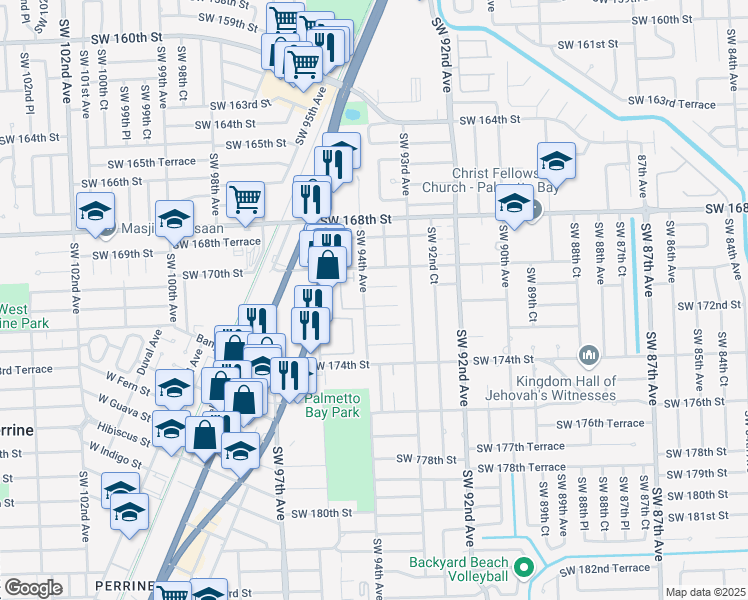 map of restaurants, bars, coffee shops, grocery stores, and more near 9365 Southwest 171st Terrace in Palmetto Bay