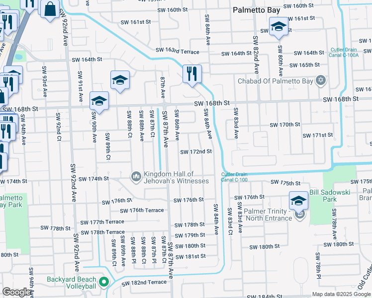 map of restaurants, bars, coffee shops, grocery stores, and more near 17190 Southwest 85th Avenue in Palmetto Bay