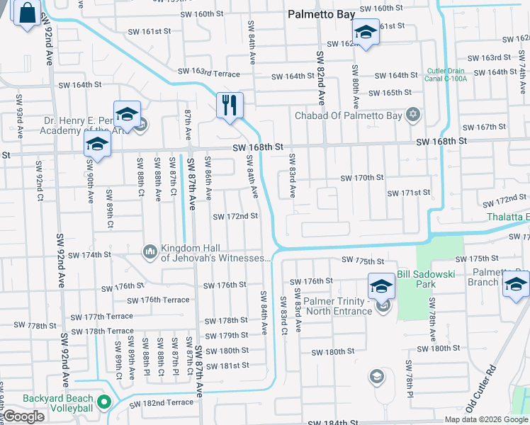 map of restaurants, bars, coffee shops, grocery stores, and more near 17191 Southwest 84th Avenue in Palmetto Bay