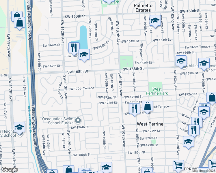 map of restaurants, bars, coffee shops, grocery stores, and more near 17011 Southwest 108th Avenue in Miami