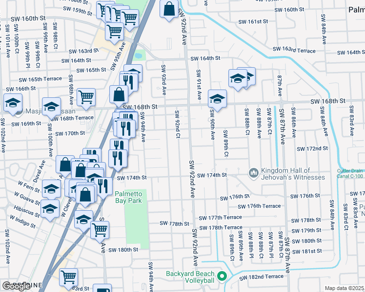 map of restaurants, bars, coffee shops, grocery stores, and more near 17121 Southwest 92nd Court in Palmetto Bay