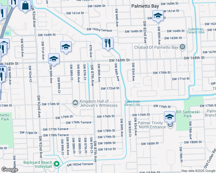 map of restaurants, bars, coffee shops, grocery stores, and more near 17190 Southwest 85th Avenue in Palmetto Bay