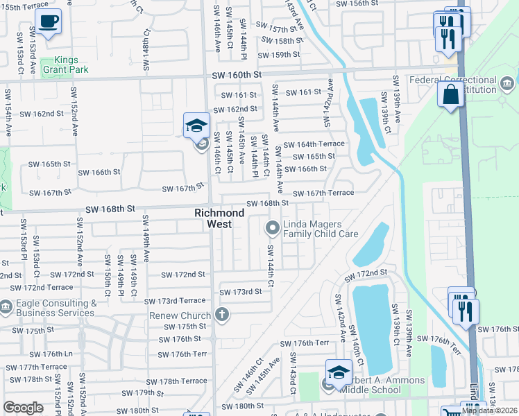 map of restaurants, bars, coffee shops, grocery stores, and more near 14452 Southwest 168th Street in Miami