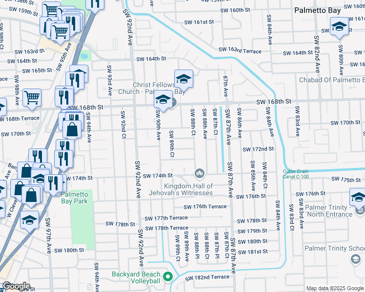 map of restaurants, bars, coffee shops, grocery stores, and more near 8881 Southwest 172nd Street in Palmetto Bay