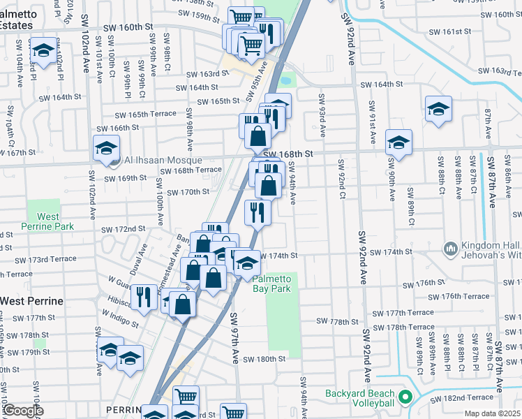 map of restaurants, bars, coffee shops, grocery stores, and more near 17143 South Dixie Highway in Palmetto Bay