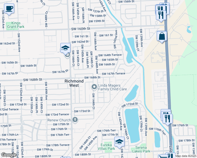 map of restaurants, bars, coffee shops, grocery stores, and more near 14360 Southwest 168th Street in Miami
