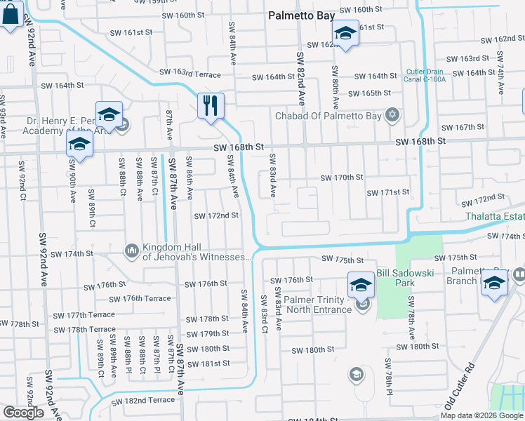 map of restaurants, bars, coffee shops, grocery stores, and more near 8305 Southwest 172nd Street in Palmetto Bay