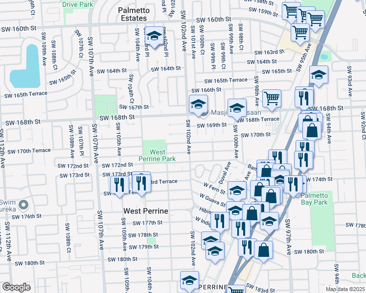 map of restaurants, bars, coffee shops, grocery stores, and more near 10230 Southwest 170th Terrace in Miami