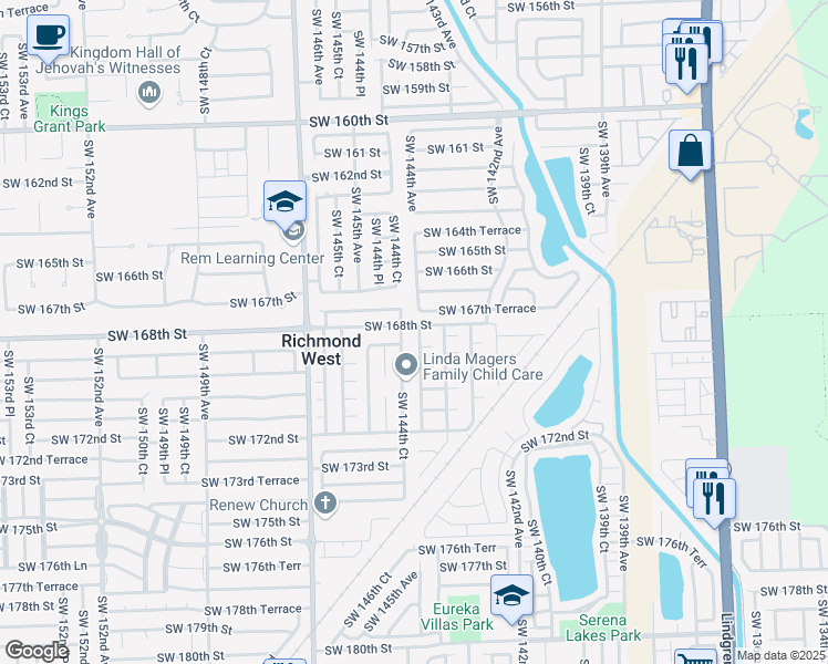 map of restaurants, bars, coffee shops, grocery stores, and more near 16802 Southwest 143rd Place in Miami