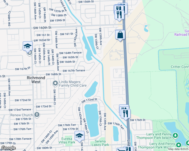 map of restaurants, bars, coffee shops, grocery stores, and more near 16880 Southwest 142nd Place in Miami