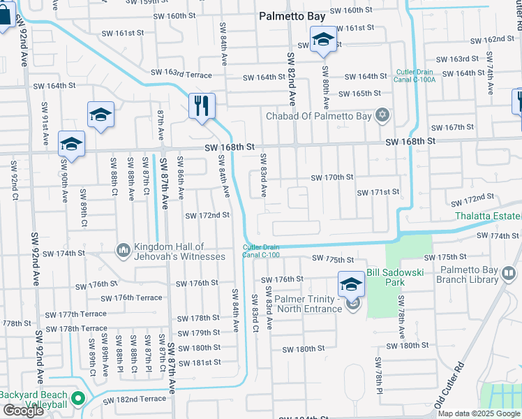 map of restaurants, bars, coffee shops, grocery stores, and more near 8305 Southwest 172nd Street in Palmetto Bay