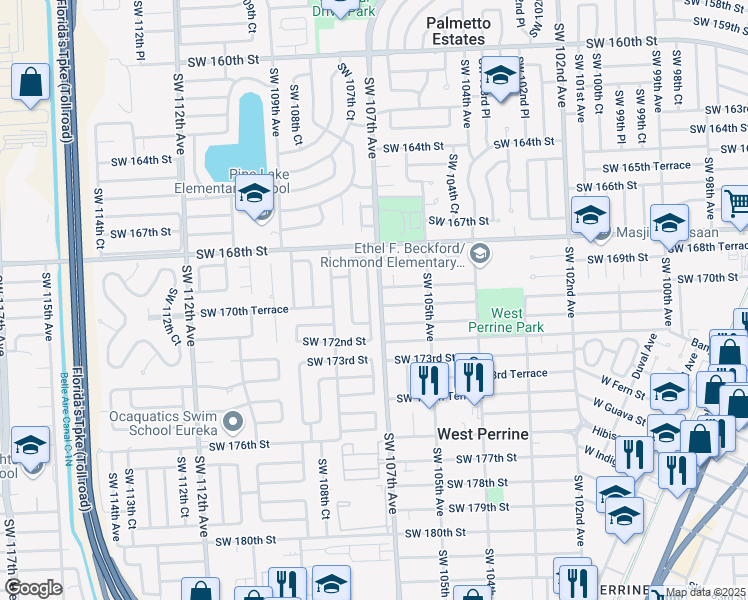 map of restaurants, bars, coffee shops, grocery stores, and more near 17015 Southwest 107th Court in Miami