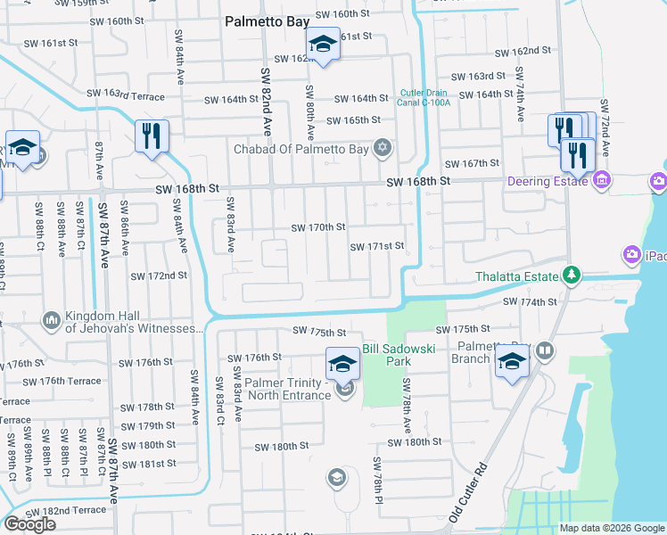map of restaurants, bars, coffee shops, grocery stores, and more near 17142 Southwest 79th Place in Palmetto Bay
