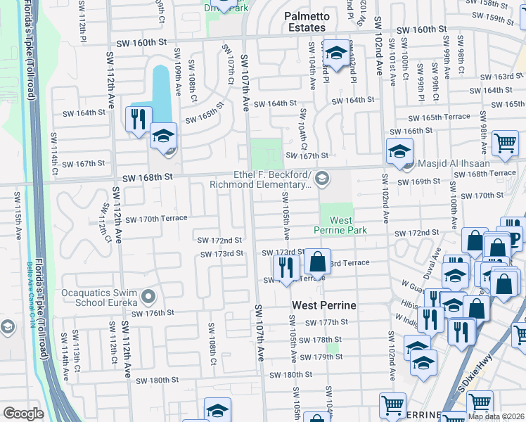 map of restaurants, bars, coffee shops, grocery stores, and more near 10535 Southwest 170th Terrace in Miami