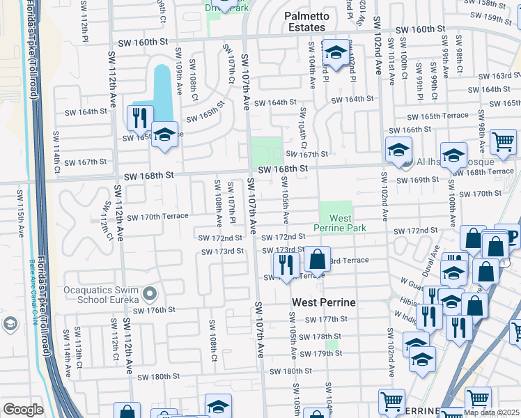map of restaurants, bars, coffee shops, grocery stores, and more near 17015 Southwest 107th Court in Miami