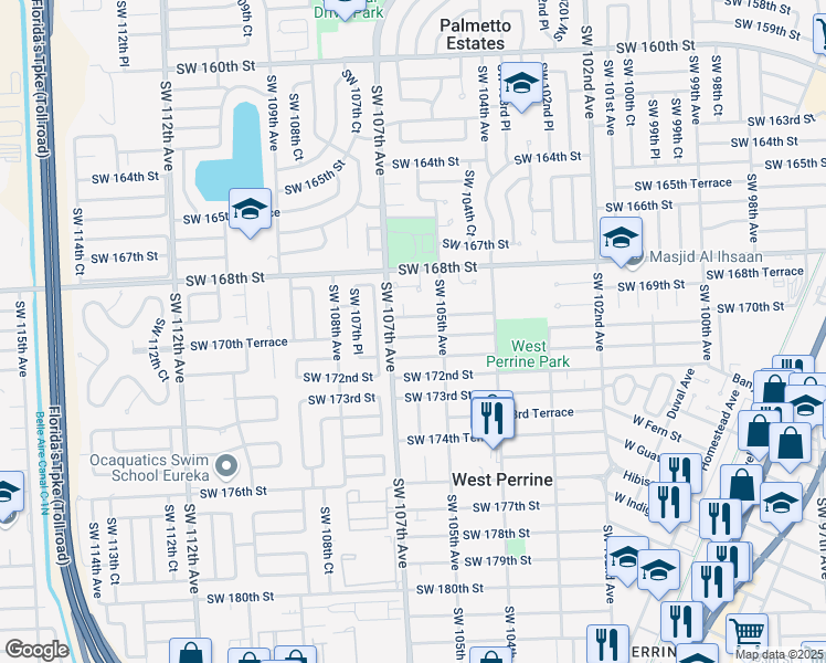 map of restaurants, bars, coffee shops, grocery stores, and more near 10535 Southwest 170th Terrace in Miami