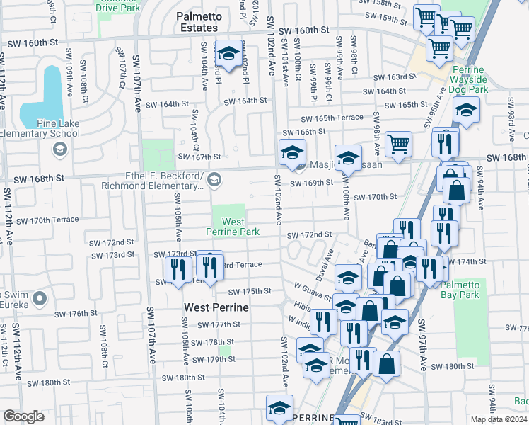 map of restaurants, bars, coffee shops, grocery stores, and more near 10230 Southwest 170th Terrace in Miami