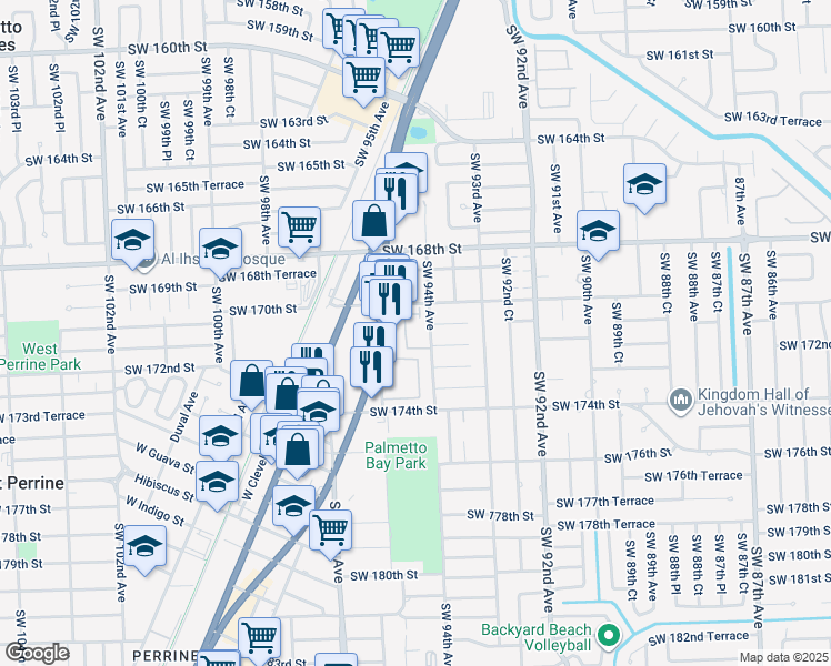 map of restaurants, bars, coffee shops, grocery stores, and more near 17051 South Dixie Highway in Palmetto Bay