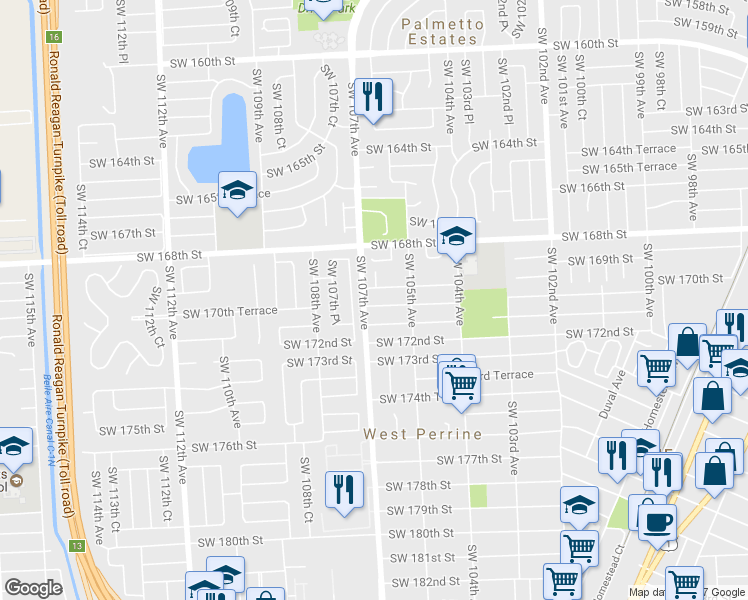 map of restaurants, bars, coffee shops, grocery stores, and more near 17015 Southwest 107th Court in Miami