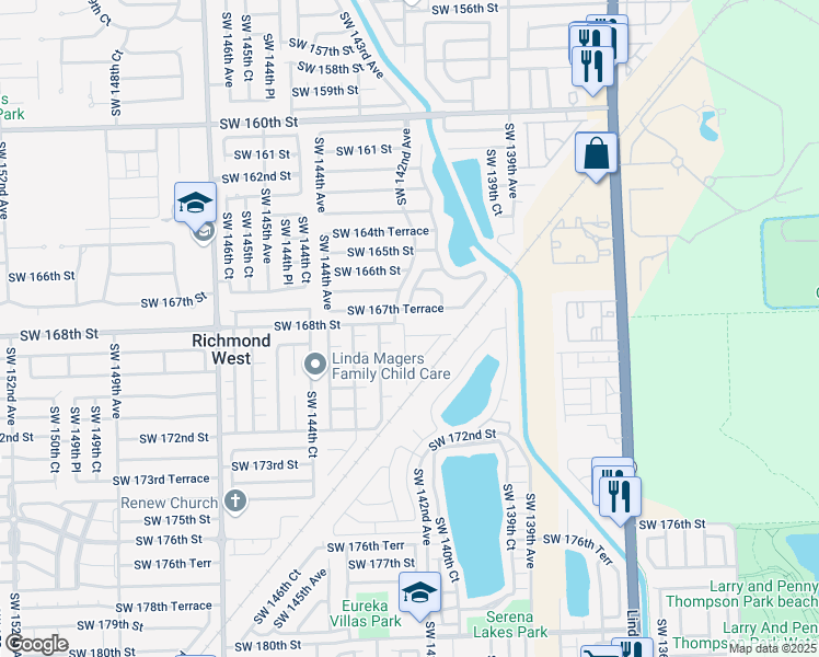 map of restaurants, bars, coffee shops, grocery stores, and more near 14137 Southwest 168th Lane in Miami