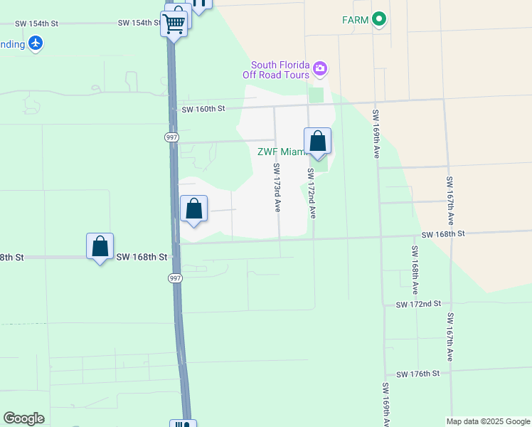 map of restaurants, bars, coffee shops, grocery stores, and more near 16600 Southwest 173rd Avenue in Miami
