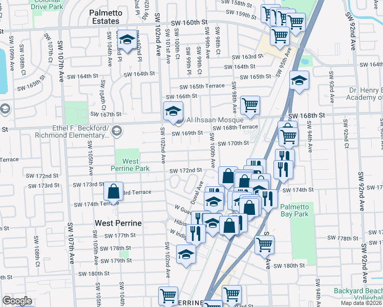 map of restaurants, bars, coffee shops, grocery stores, and more near 10070 Southwest 170th Terrace in Miami
