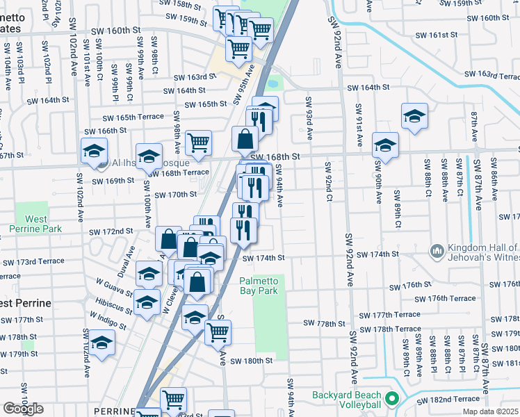 map of restaurants, bars, coffee shops, grocery stores, and more near 17051 South Dixie Highway in Palmetto Bay