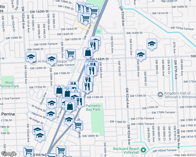 map of restaurants, bars, coffee shops, grocery stores, and more near 9400 Southwest 170th Street in Palmetto Bay