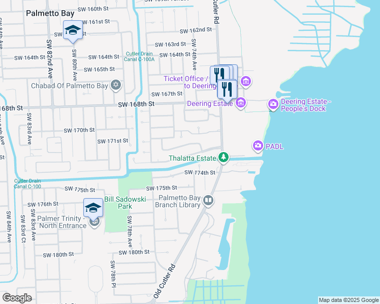 map of restaurants, bars, coffee shops, grocery stores, and more near 7455 Southwest 173rd Street in Palmetto Bay