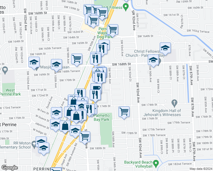 map of restaurants, bars, coffee shops, grocery stores, and more near 17051 South Dixie Highway in Palmetto Bay