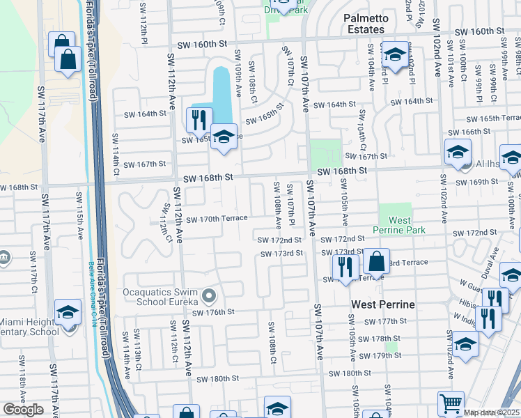 map of restaurants, bars, coffee shops, grocery stores, and more near 17000 Southwest 108th Court in Miami
