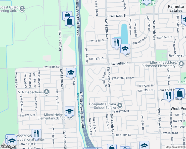 map of restaurants, bars, coffee shops, grocery stores, and more near 11320 Southwest 169th Street in Miami