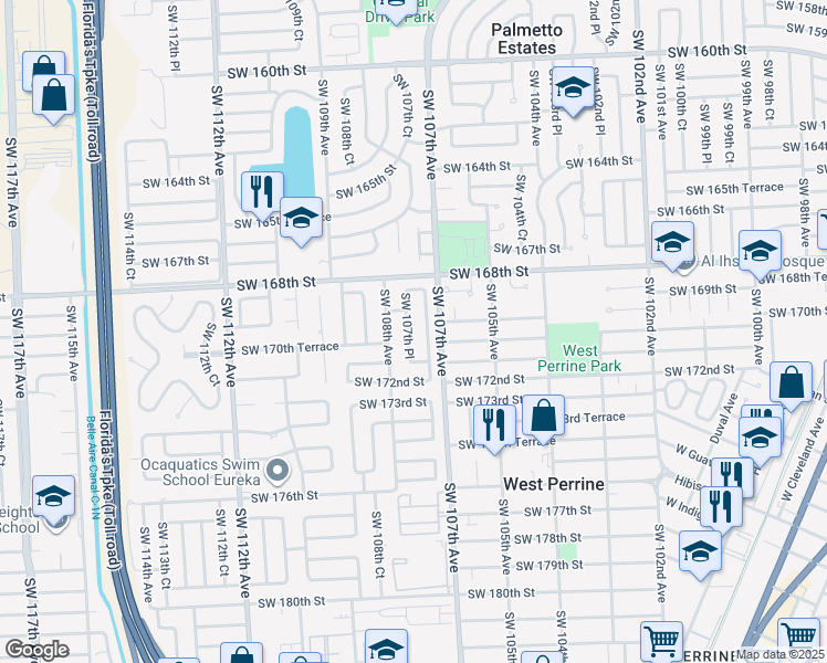 map of restaurants, bars, coffee shops, grocery stores, and more near 17011 Southwest 108th Avenue in Miami