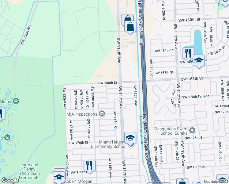 map of restaurants, bars, coffee shops, grocery stores, and more near 11700 Southwest 169th Terrace in Miami