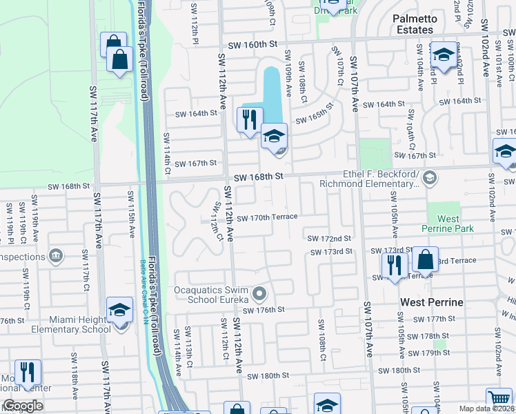 map of restaurants, bars, coffee shops, grocery stores, and more near 10991 Southwest 170th Terrace in Miami