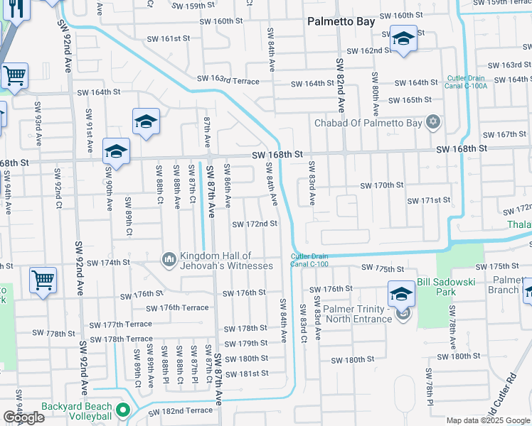 map of restaurants, bars, coffee shops, grocery stores, and more near 17191 Southwest 84th Court in Palmetto Bay