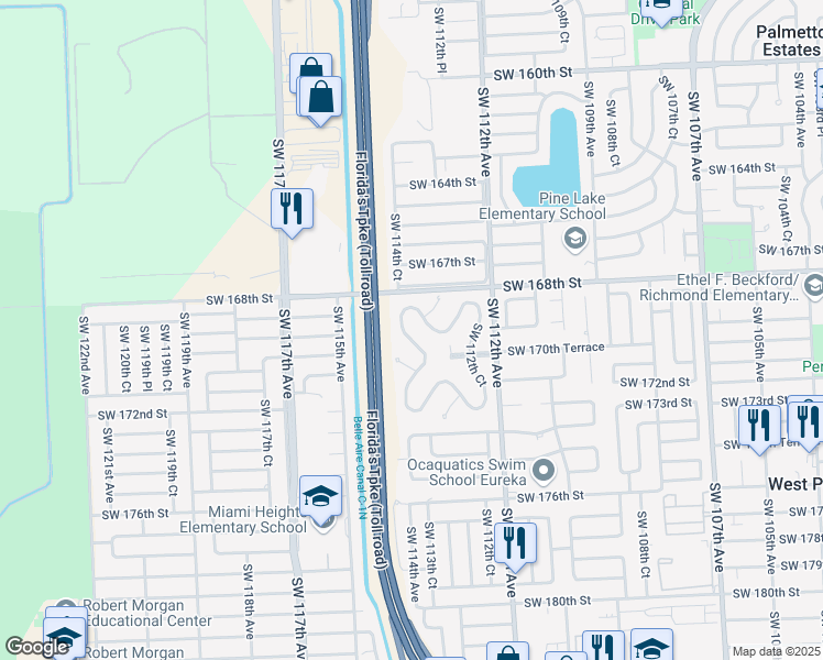map of restaurants, bars, coffee shops, grocery stores, and more near 16991 Southwest 113th Court in Miami