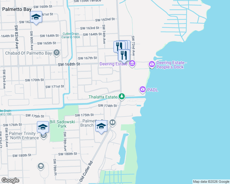 map of restaurants, bars, coffee shops, grocery stores, and more near 7350 Southwest 173rd Street in Palmetto Bay