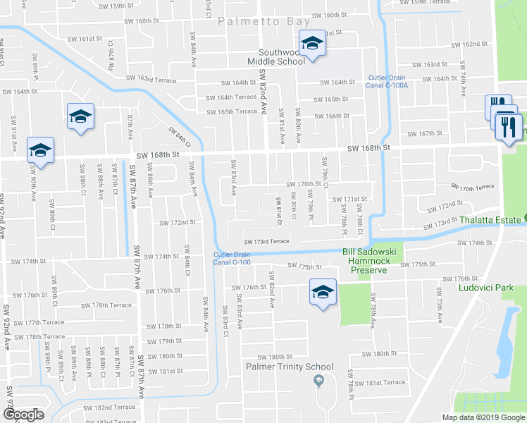 map of restaurants, bars, coffee shops, grocery stores, and more near 8226 Southwest 171st Terrace in Palmetto Bay