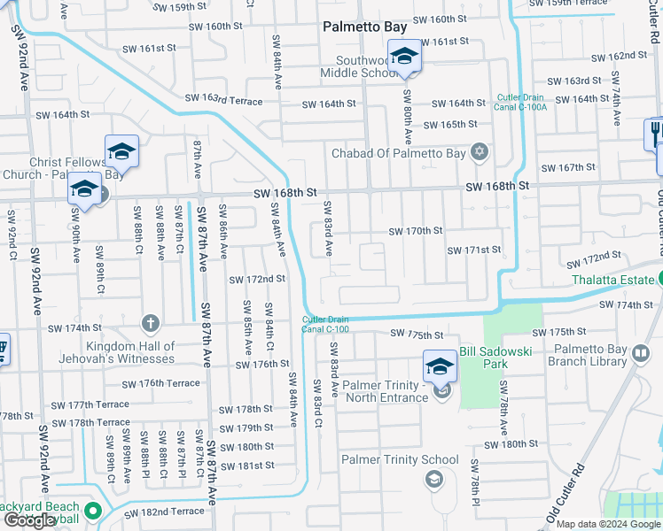 map of restaurants, bars, coffee shops, grocery stores, and more near 8305 Southwest 172nd Street in Palmetto Bay