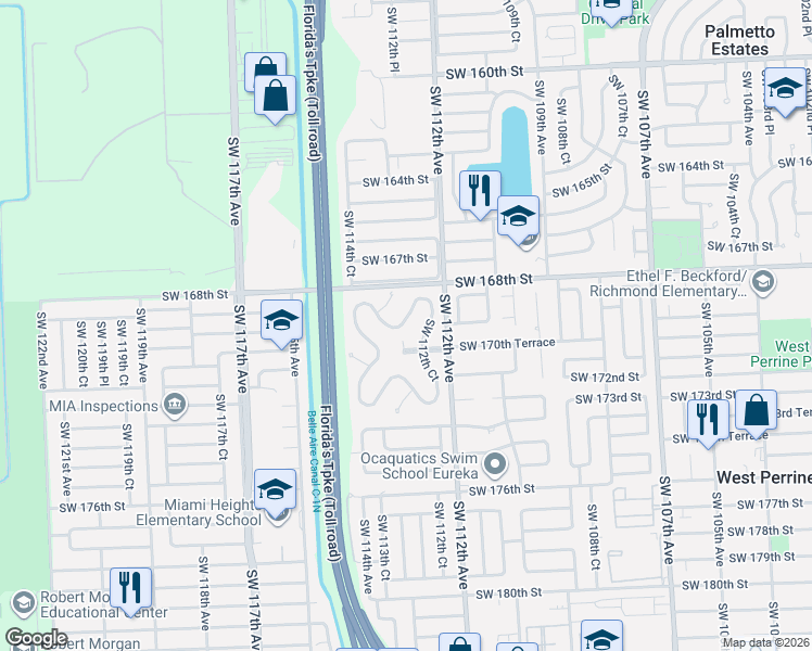 map of restaurants, bars, coffee shops, grocery stores, and more near 16994 Southwest 112th Court in Miami